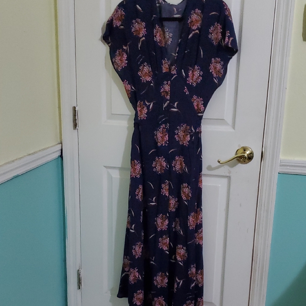 En Creme Boho Cottage Navy & Pink Floral Buttoned Front Maxi Dress M
